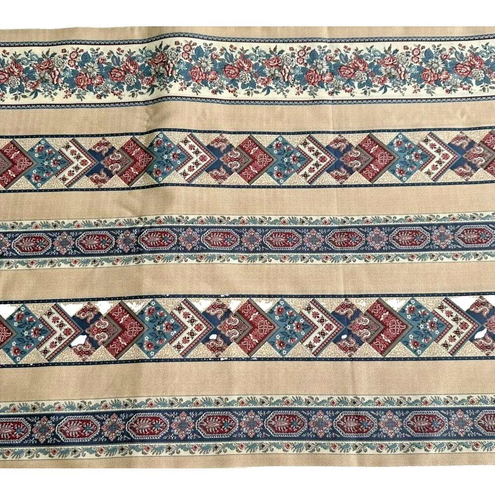 Vintage Cranston Tan Blue Maroon Cheater Quilt Stripe Cotton Fabric 2yd  x 45